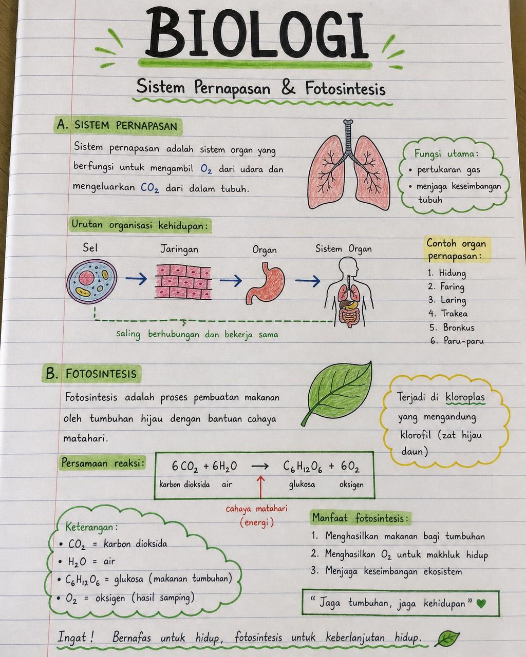 Catatan tangan Biologi: sistem pernapasan dan fotosintesis.