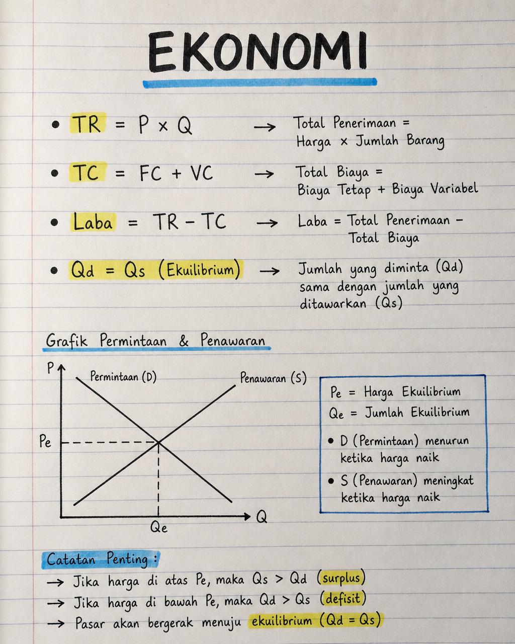 Catatan tangan Ekonomi: pendapatan, biaya, laba, dan ekuilibrium.